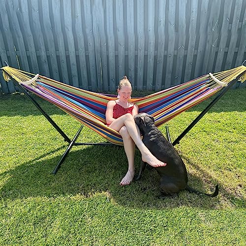 SZHLUX Double Hammock with Stand for Outside 450lb Capacity Steel Stand, Premium Carry Bag Included and Two Anti Roll Balance Beam - color: Tropical