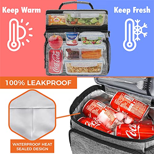 opux Insulated Lunch Bag for Men Women, Large Dual Compartment Cooler Bag, Soft Two Deck Lunch Box for Work School Picnic, Leakproof Lunch Tote with Shoulder Strap for Kid Adult (Gray, Double Deck) - color: Heather Gray, size: Double Deck