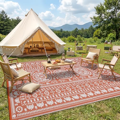 Garvee Reversible Outdoor Rug 9x18 for Patio, Waterproof Outdoor Area Rug, Modern Medallion Indoor Outdoor Rugs, Plastic Straw Rug for RV, Camping, Deck, Vintage Terracotta - color: Terracotta & White, size: 9' x 18' (Rectangular)