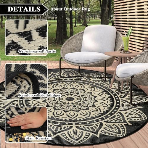 Round Outdoor Rugs for Patios 5ft Boho Plastic Outdoor Rug Waterproof Reversible Circle Outside Rugs Lightweight Portable All Weather Outdoor Carpet for Patio Backyard Porch(Black Camel) - color: Black Camel, size: Round 5ft