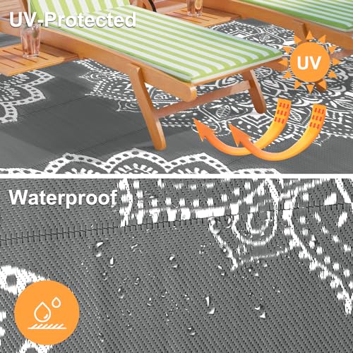 Yamaziot Waterproof Outdoor Rug 9x12 ft, Reversible Plastic Straw Rug for Patio Clearance, Camping, RV Mat, Large Outside Rug Carpet for Porch, Deck, Backyard, Balcony, Picnic (Grey) - color: Grey, size: 9' x 12'