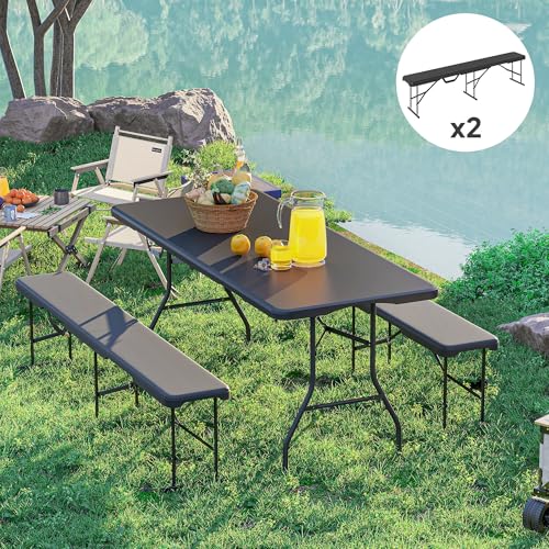 Outsunny 2-Pack 6 Ft. Plastic Folding Benches, Portable Foldable Bench Seats with Carrying Handle, Non-Slip Mat, HDPE Tabletop, Picnic Benches for Camping Dining Picnic BBQ Sports, Black - color: Black
