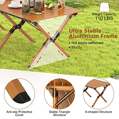 COSTWAY Folding Picnic Table, Roll-Up Aluminum Camping Table with Wood Grain, Portable Low Height Beach Table with Carry Bag for Camping, Picnic, BBQ & Hiking, Easy Assembly, Natural (47” x 23” x 18”)