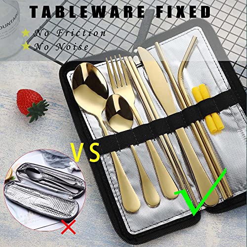 VANDBAO Camping Utensils Set, Portable Travel Utensils with Case for Fixing Tableware, Reusable Stainless Steel Stable Cutlery Set, Lunch Picnic Flatware Silverware (Gold Set) - color: Gold Set, size: 9 Pieces - Medium