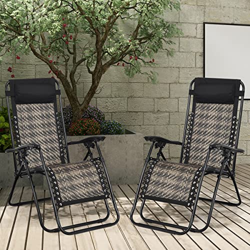 COSTWAY 2PCS Zero Gravity Lounge Chairs, Patio Rattan Recliner with Pillow, Lockable, Foldable & Lightweight, Suitable for Outdoor Use (Mix Gray) - color: Mix Gray