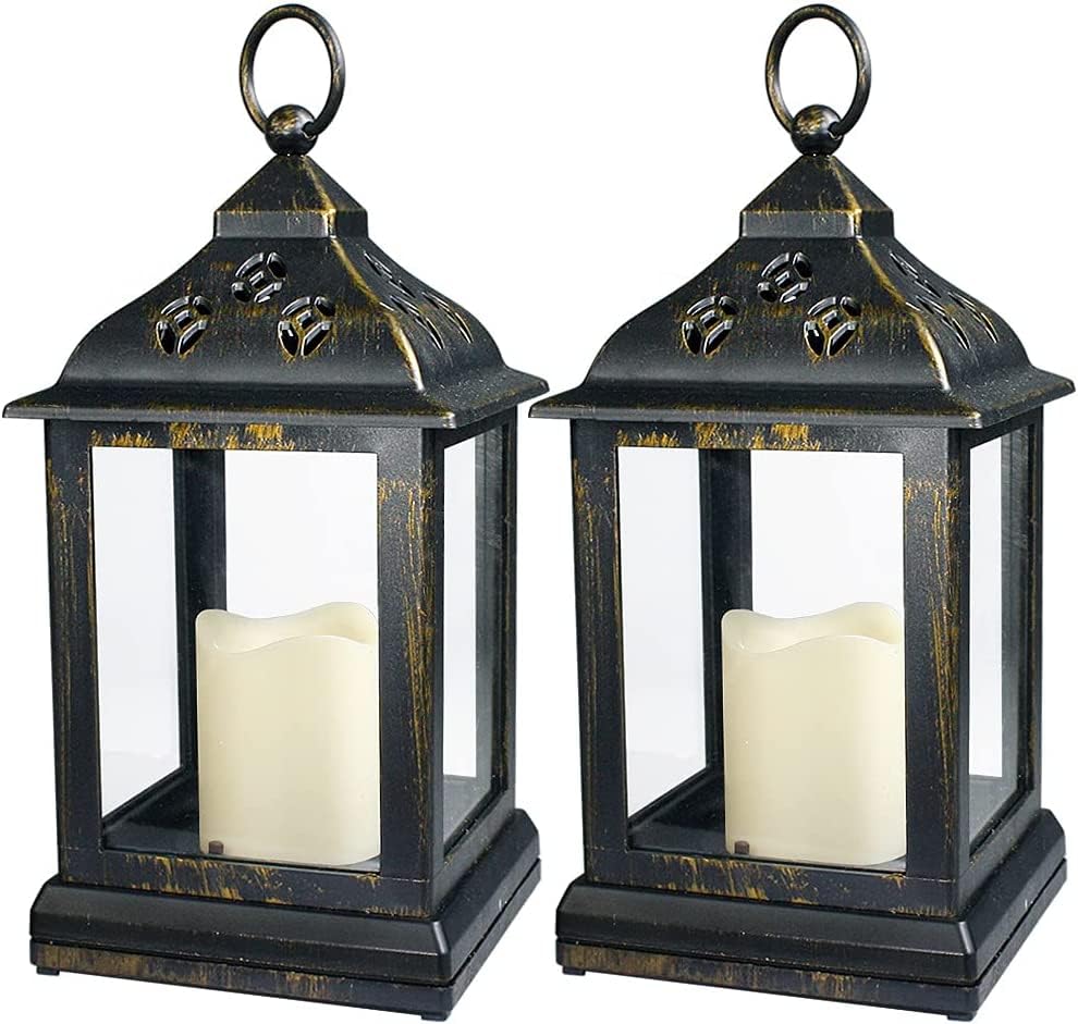 Bright Zeal 2-Pack 9.5" Distressed Bronzes Indoor Candle Lantern with LED Flameless Candle - Battery Operated Lanterns Indoor Decorative Lanterns with Timer Candles - color: [2-Pack] Distressed BRONZES - ABS Thermoplastic Construction