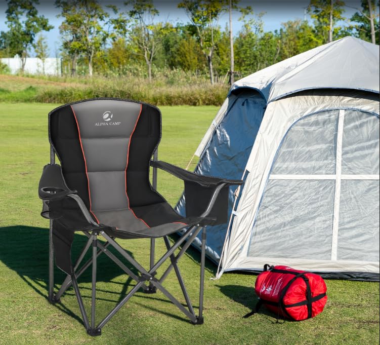 ALPHA CAMP Oversized Folding Camping Chair, Heavy Duty Portable Lawn Chairs with Cooler Bag, Side Pocket & Cup Holder, Folding Chairs for Outside Support 450 LBS - color: Black, size: Single Pack