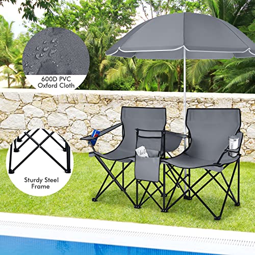 LDAILY LUARANE Folding Double Camping Chair, Outdoor Picnic Chairs w/Removable Umbrella, Mini Table, Cup Holder & Carrying Bag, Portable Camping Loveseat for Patio, Pool, Lawn, Beach, Park (Grey) - color: Grey
