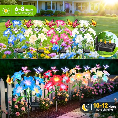 Solar Garden Lights Outdoor, 4 Pack Lily Solar Flowers with Butterfly, 32 LED 800mAh Waterproof Solar Flowers for Outside, 7 Color Changing Adjustable Stems for Yard Patio Garden Decor, Gift for Mom - size: Lilies Flowers - 4pc-A