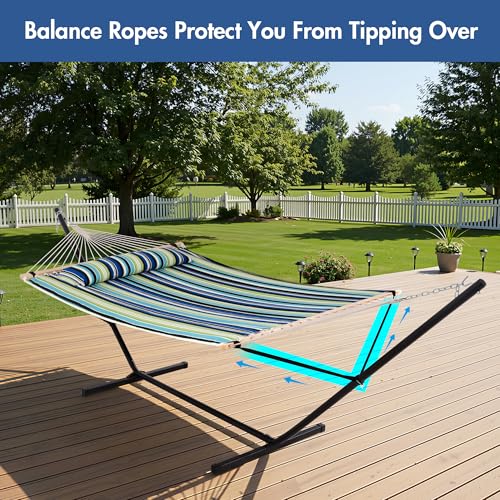 ANOW Double Hammock with Stand 12FT Included, Heavy Duty Hammock with Stand for Outside, 450 LBS Weight Capacity, Green & Blue Stripe - color: Green & Blue Stripe, size: 2 Person With Stand