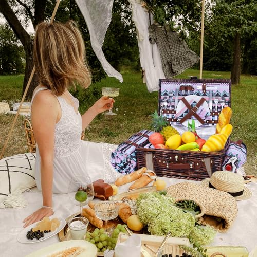 Neti Neti Wicker Picnic Basket for 2 Boho with Insulated Cooler & Waterproof Blanket – Large Willow Picnic Hamper for Outdoor, Camping, Beach, Romantic Dates, Valentine’s Day - color: Boho 1