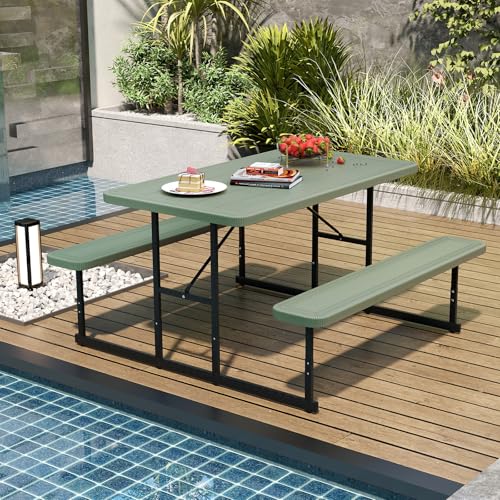 Giantex Picnic Table Bench Set for 4 People, 4.5FT Outdoor Rectangular Dining Table & 2 Benches w/Umbrella Hole, HDPE Tabletop, Metal Frame, Patio Garden Backyard Poolside, Green - color: Green, size: Rectangle-54"x28"x30"