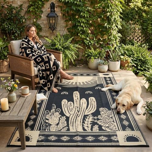 Garvee Waterproof Outdoor Rug 5x8, Cactus Botanical Outdoor Plastic Straw Rug for Camping, Reversible RV Mat Outside, Indoor Outdoor Carpet for Porch, Deck, Backyard, Balcony, Picnic, Black & Brown - color: Black & Brown-cactus, size: 5' x 8' (Rectangular