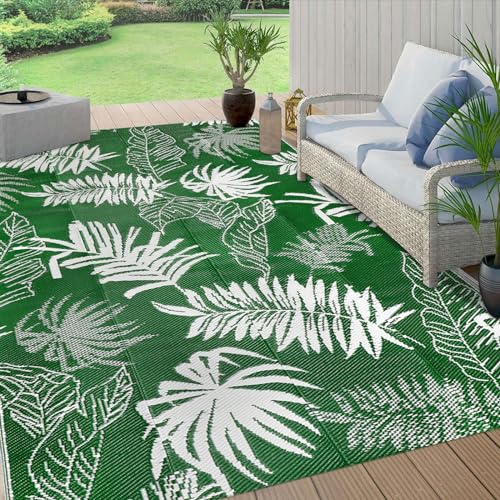famibay Outdoor Rug Waterproof 5x8 Plastic Straw Rug Reversible Patio Rug Outside Camping Rug Patio Mat Lightweight Foldable Outdoor Carpet for Patio Balcony Deck Camping - color: Darkgreen & White, size: 5' x 8'