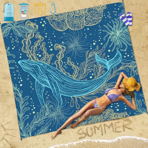 Famstar Beach Blanket Sandproof Waterproof 78''81'' 1-5 Adults Oversized, Compact Lightweight Durable 210T Polyester Beach Mat for Travel Camping Hiking Picnic - color: Blue Whale, size: 78''×81''
