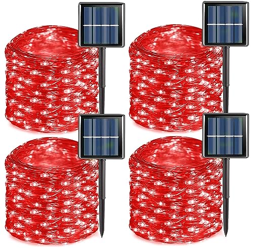 YEGUO 4 Pack Red Solar Fairy Lights, Each 33ft 100 LED Valentines Lights Outdoor Waterproof, 8 Modes Sliver Wire Solar Christmas String Lights - color: Red