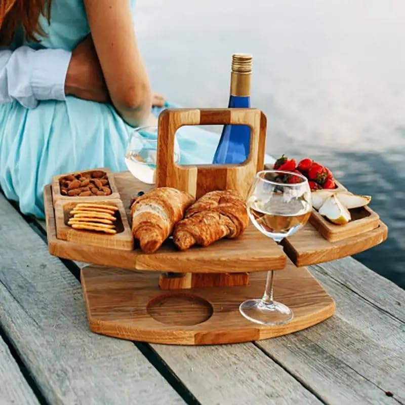 Folding Wooden Picnic Table with Wine Glass Holder - Portable Camping Table for Beach, Park & Outdoor Use, Champagne and Beverage Stand - color: C