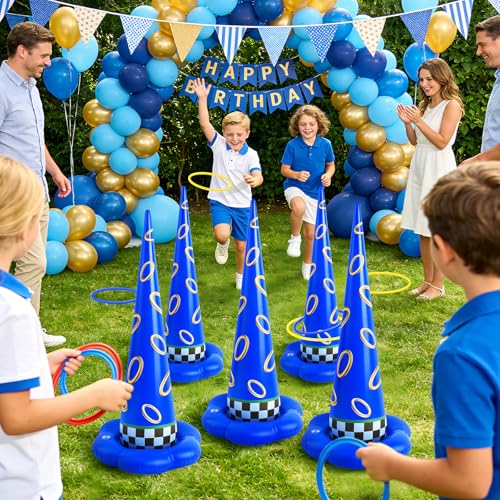 5 Pack Inflatable Ring Toss Game - Blue with Gold Ring Birthday Party Games with 10 Plastic Rings & Pump, Indoor Outdoor Carnival Toss Toy for Kids Party Favors - color: Blue Gold Ring