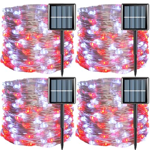 YEGUO 4 Pack Red and White Solar Fairy Lights, Each 33ft 100 LED Christmas Lights Outdoor Waterproof, 8 Modes Sliver Wire Solar String Lights - color: Red and White