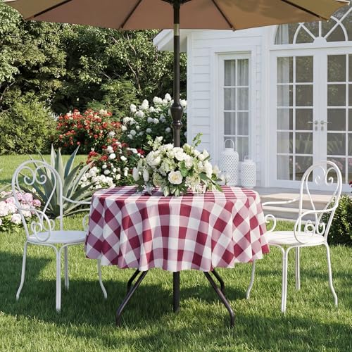 SquarePie Round Outdoor Tablecloth with Umbrella Hole - 70 Inch Water Resistant & Spillproof Table Cloth,Zipped Patio Picnic Table Cover for Camping/Picnic/BBQs/Backyard,Burgundy Red Plaid - color: Burgundy Red Plaid, size: 70" (Round)