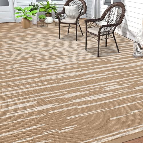 HEBE Outdoor Rug 9'x12' for Patios Clearance, Waterproof Reversible Plastic Straw Rug Camping Mat, Indoor Outdoor Area Rugs Carpet for Deck, Porch, RV, Picnic, Balcony - color: Stripe/Beige, size: 9' x 12' (Rectangular)