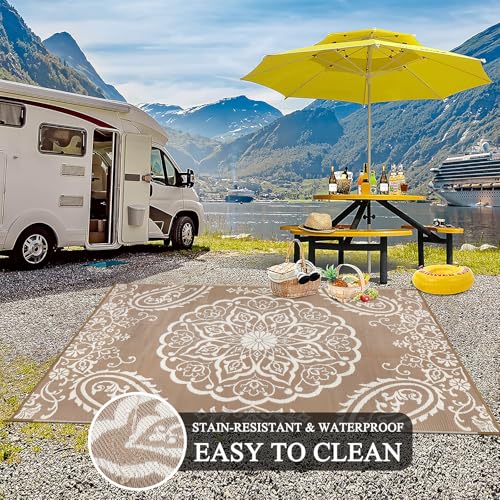 Pauwer Waterproof Outdoor Rug 6x9, Reversible Plastic Straw Patio Camping Rug, Indoor Outdoor RV Mat Carpet for Deck, Camper, Porch, Balcony, Backyard, Picnic, Boho Brown - color: Boho Brown, size: 6' x 9' (Rectangular)