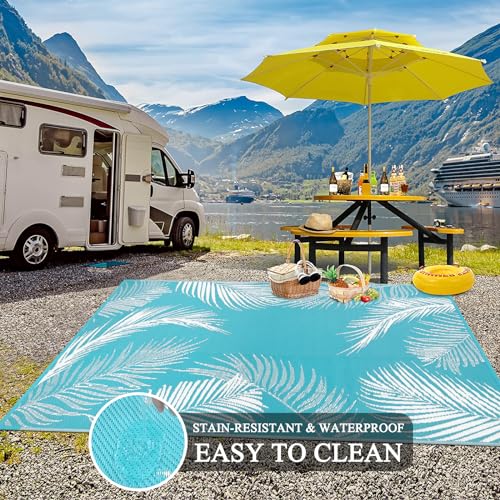 Pauwer Waterproof Outdoor Rug 5x8, Reversible Plastic Straw Patio Camping Rug, Indoor Outdoor RV Mat Carpet for Deck, Camper, Porch, Balcony, Backyard, Picnic, Leaf Teal - color: Leaf Teal, size: 5' x 8' (Rectangular)