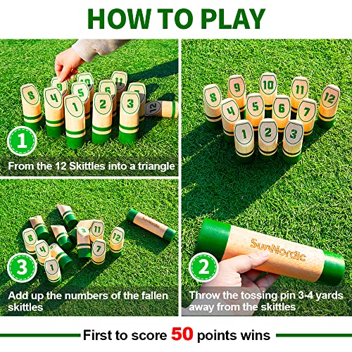 SunNordic Wooden Throwing Game Set, Numbered Block Toss Games with 1 x Scoreboard,12 x Premium Rubber Wood Pins & 1 x Dowel, Outdoor Backyard Lawn Bowling Yard Game for Kids, Adults & Family - color: Green