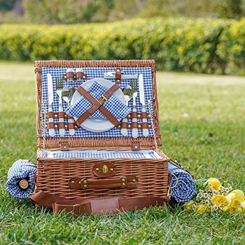 Picnic Basket for 4, Insulated Willow Picnic Baskets with Shoulder Strap, Picnic Hamper with Waterproof Picnic Blanket, Handmade Wicker Hamper for Outdoor, Great Gifts for Thanksgiving, Christmas - style: BlueCheck-4P