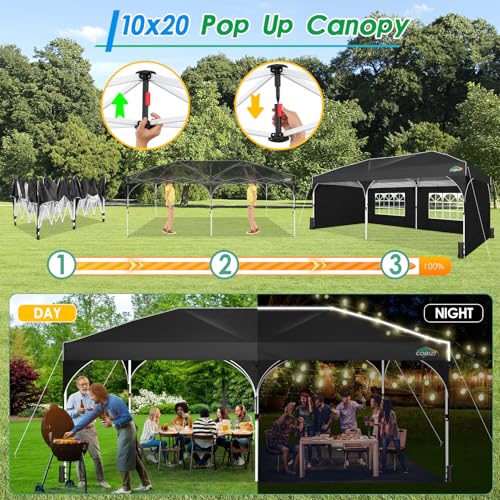 COBIZI 10x20 Pop up Canopy Tent with 4 Sidewalls Outdoor Canopy Tent for Party with Push Center Lock & Air Vent, 2000mm+Waterproof Gazebo Canopy UPF 50+with 4 Sandbags,12 Stakes & 6 Ropes,Black - color: Black, size: 10x20ft With 4 Sidewalls