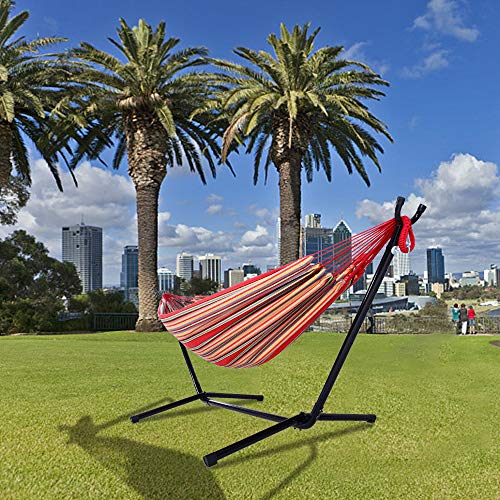 Double Hammock with Steel Stand, Adjustable Hammock Bed,Portable Outdoor Polyester Hammocks Set,2-Person Heavy-Duty Hammocks for Camping Garden Backyard Patio,250lbs Capacity (Red Stripe) - color: Red Stripe