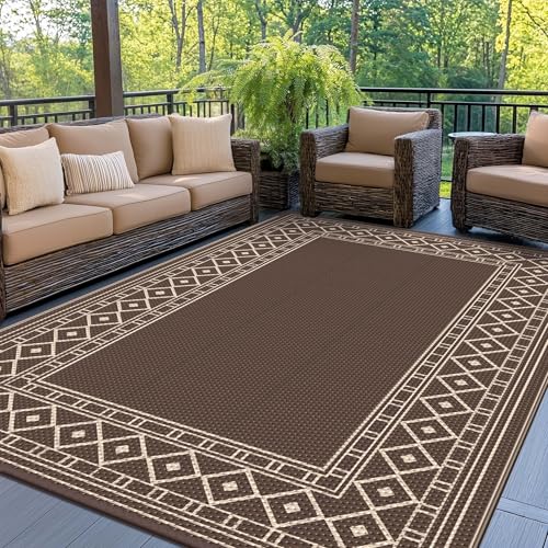 GENIMO Outdoor Rug Waterproof for Patio Decor, 5'x8' Reversible Plastic Straw Rug Carpet, Camping Mat for Outdoor, RV, Backyard, Deck, Balcony, Picnic, Beach, Coffee & Beige - color: Coffee & Beige | Natural, size: 5' x 8' (Rectangular)