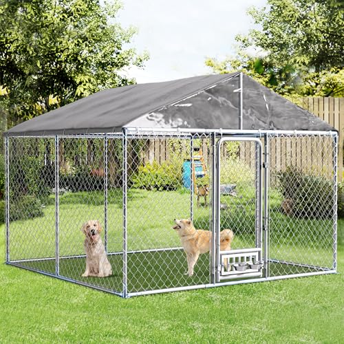 Grepatio Outside Dog Kennel with 2 Rotating Feeder Bowls, 10'x10' Outdoor Dog Kennel with Waterproof, Dog Enclosure for Large Dogs, Dogs Kennels Run Dog Playpen Fence with Secure Lock (10x10 FT) - size: 10x10 FT