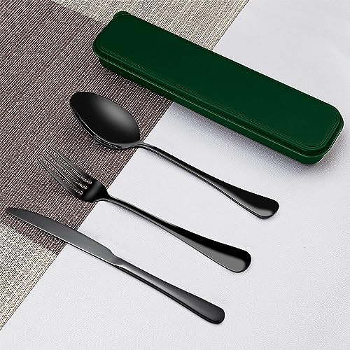 Portable Cutlery Set With Case - 18/8 Stainless Steel Spoon and Fork for Lunch Box, 3 PCs Silverware Ideal for Travel, Camping, Office - color: Black+Green - 3 PCs