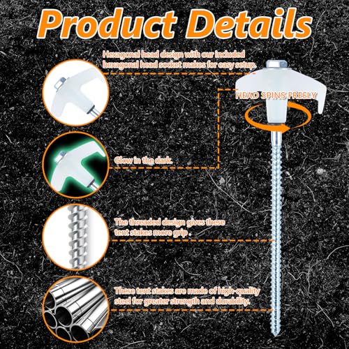 8" Screw in Tent Stakes Heavy Duty, Ground Anchors Screw in, Metal Threaded Tent Spikes, Camping Pegs for Canopies & Gardening Inflatable Decor (12 PCS Luminous) - style: 12 PCS Luminous