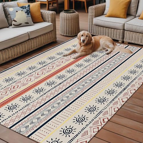 Outdoor Rug 5x7ft, Boho Stripe Retro Ethnic Style Indoor Area Rug for Patio Large Floor Mat, Indian Sketch Sun Art Abstract Line Non-Slip Outside Carpet Balcony Porch Camping Rugs Picnic Mat - size: 5' x 7' (Rectangular)