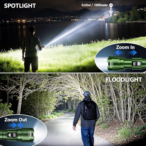 WdtPro LED Rechargeable Flashlight 2 Pack, 3 Modes Super Bright High Lumens Flashlights, Zoomable Tactical Flash Light with LCD Display, IP65 Waterproof Flashlights for Home Emergency Camping - Green - color: Green
