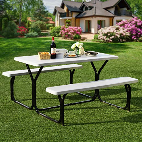 Giantex Picnic Table Bench Set Outdoor Camping All Weather Metal Base Wood-Like Texture Backyard Poolside Dining Party Garden Patio Lawn Deck Large Camping Picnic Tables for Adult (White) - color: White, size: 4.5FT