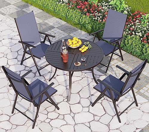 PHI VILLA Outdoor Patio Dining Set for 4, Patio Table and Chairs Set with Adjustable Folding Patio Sling Chairs for Garden, Deck and Yard, Blue - color: Blue, size: 5 Piece Round