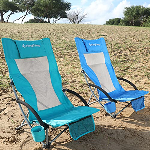 KingCamp Folding Beach Tall Sling Chair Set of 2, Compact Beach Chair with Armrests and Breathable Mesh Back Portable, 2 Set, Blue - color: High Blue 2