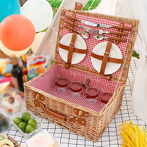 Stainless Steel Tableware Cutlery Set, Picnic Basket Natural Wicker Picnic Hamper Picnic Hamper Cutlery Set Insulated Wicker Flatware Set (Red White Grid 4 Person) - color: Red White Grid, size: 4 Person