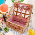 Stainless Steel Tableware Cutlery Set, Picnic Basket Natural Wicker Picnic Hamper Picnic Hamper Cutlery Set Insulated Wicker Flatware Set (Red White Grid 4 Person) - color: Red White Grid, size: 4 Person