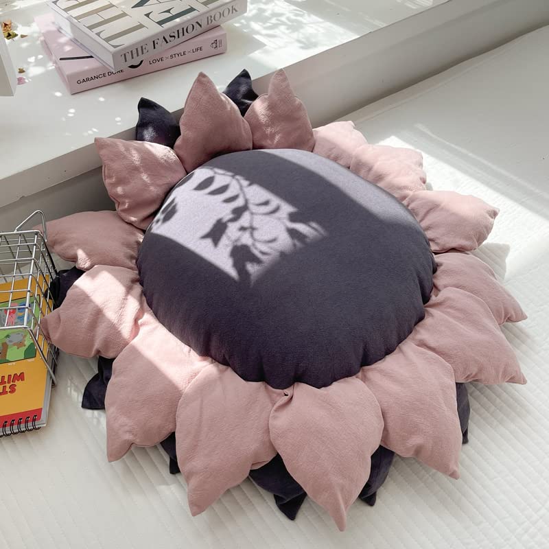 27.5" 3D handmade stitching sunflower shaped pillow flat round flower floor pillow pure cotton patio furniture cushion bedroom sofa bed decoration (Pink Grey) - color: Pink Grey