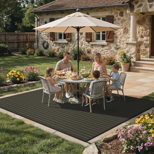 GENIMO Outdoor Rug 10x14 ft Waterproof, Reversible Plastic Straw Patio Rug for RV Camping Mat, Deck, Backyard Balcony Mat - Lightweight & Easy to Clean, Black & Brown - color: Blackbrown-w, size: 10' x 14' (Rectangular)