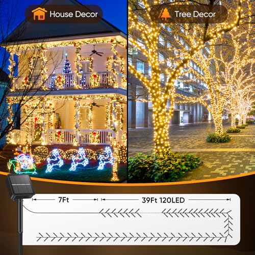 Brightever Solar String Lights for Outside, 46FT 120LED Solar Lights Outdoor Waterproof with 8 Lighting Modes, Christmas Light for Patio, Yard, Tree, Garden, Wedding, Party Decorations, Warm White - color: Warm White, size: 1-Pack（46FT 120LED）