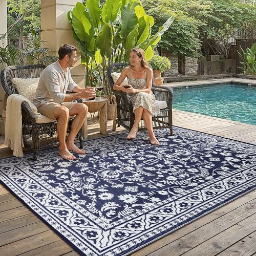 PureCozy Outdoor Waterproof 5x8 Plastic Straw Patio Rug Navy Blue Reversible for Outside Vintage Oriental Carpet Lightweight Large Rug for RV Deck Beach Balcony Picnic Backyard Entry Porch - color: Navy Blue, size: 5' x 8' (Rectangular)