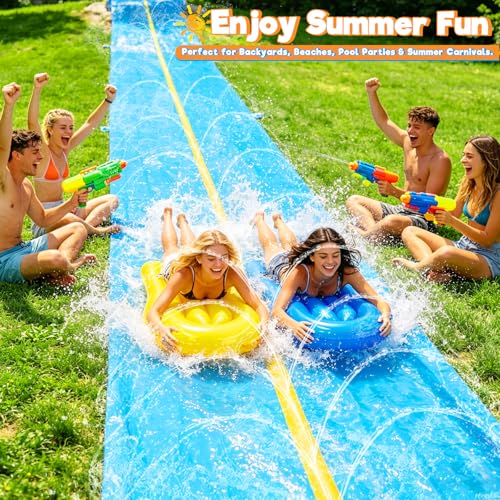 iGeeKid 45Ft Huge Slip and Water Slide with Sprinkler, Heavy Duty Lawn Waterslide for Kids Adults, Extra Long Double Lane Water Toys n Slides with 2 Bodyboards Backyard Lawn Summer Outdoor Water Toys
