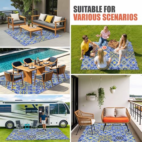 Vintage Boho Outdoor Rug 5' x 8', Middle Century Bohemia Style Patchwork Blue Washable Area Rug for Outdoor Indoor, Non Slip Outside Large Rugs Carpet for RV Patio Backyard Picnic Camping Porch Deck - color: Sky Blue, size: 5' x 8' (Rectangular)