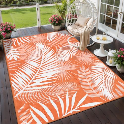 Outdoor Patio Rug, 6'x9' Plastic Straw Waterproof Mat, Reversible Camping Rug for RV Outside,Colorful Outside Layering Rug for Patios, Backyard, Deck, Balcony,Beach, Orange & White - color: Orange, size: 6' x 9' (Rectangular)