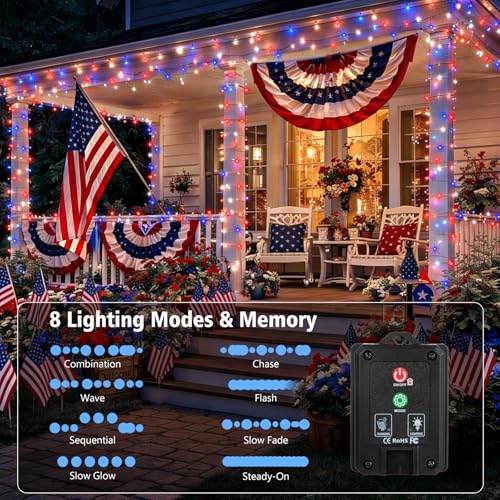 4 Pack Red White and Blue Solar Fairy Lights Outdoor, 131ft 400LED Solar String Lights Waterproof with 8 Modes, Green Wire Twinkle Lights for Independence Day 4th of July Memorial Day Decorations - color: Red Blue White
